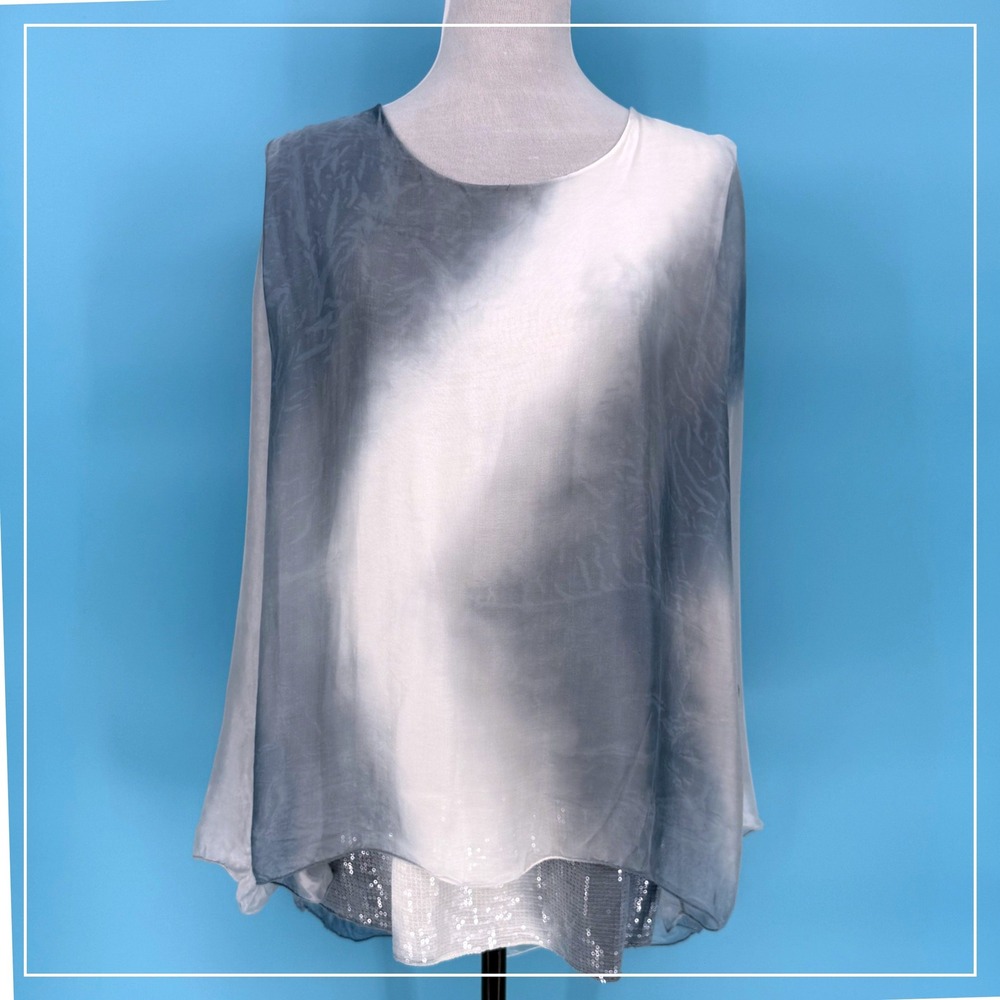 Belle France Made in Italy Silk Ombre Sequin Lace Back Tunic Top Blue Size Small